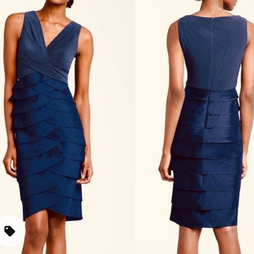 worn 1x Adrianna Papell Blue Tiered Taffeta Dress